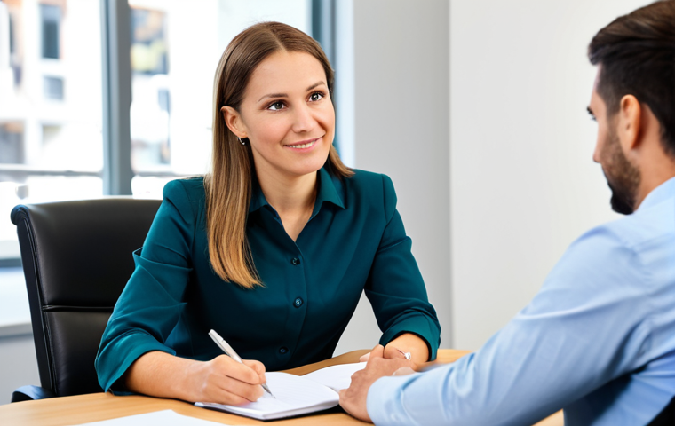 A professional female wellness coordinator, fully clothed in a modest business casual outfit, sits at a clean, modern desk, actively listening and taking notes while engaging in a supportive conversation with a male client. The client is also fully clothed in appropriate attire, sitting opposite her. The background features a blurred, bright office environment with natural light. The scene depicts a personalized health consultation, emphasizing partnership and guidance. safe for work, appropriate content, fully clothed, professional, perfect anatomy, correct proportions, natural pose, well-formed hands, proper finger count, professional photography, high quality.