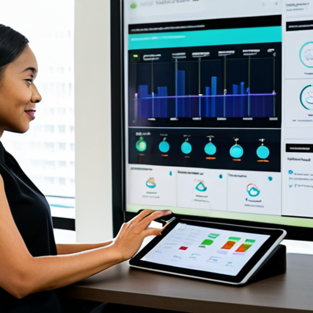 A professional wellness coordinator, a woman in her 30s of diverse ethnicity, wearing a modest business casual outfit, fully clothed, sits at a sleek desk in a modern, well-lit wellness center. She is attentively reviewing a large, interactive digital dashboard displayed on a tablet, showcasing aggregated health data, charts, and personalized wellness journeys. The background is softly blurred, hinting at smart devices and a vibrant, professional environment. perfect anatomy, correct proportions, natural pose, well-formed hands, proper finger count, natural body proportions, professional photography, high quality, safe for work, appropriate content, family-friendly.