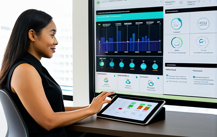 A professional wellness coordinator, a woman in her 30s of diverse ethnicity, wearing a modest business casual outfit, fully clothed, sits at a sleek desk in a modern, well-lit wellness center. She is attentively reviewing a large, interactive digital dashboard displayed on a tablet, showcasing aggregated health data, charts, and personalized wellness journeys. The background is softly blurred, hinting at smart devices and a vibrant, professional environment. perfect anatomy, correct proportions, natural pose, well-formed hands, proper finger count, natural body proportions, professional photography, high quality, safe for work, appropriate content, family-friendly.