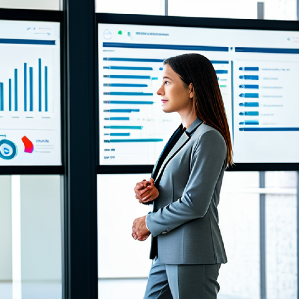 A professional female Wellness Coordinator in a modest business blazer and smart trousers, standing confidently in a bright, modern wellness center. She is looking at a large, transparent digital display showing health data graphs and personalized wellness plans, demonstrating cutting-edge research integration. The background features subtle, clean architectural lines and natural light. fully clothed, appropriate attire, safe for work, appropriate content, professional, perfect anatomy, correct proportions, natural pose, well-formed hands, proper finger count, natural body proportions, high-quality, studio lighting.