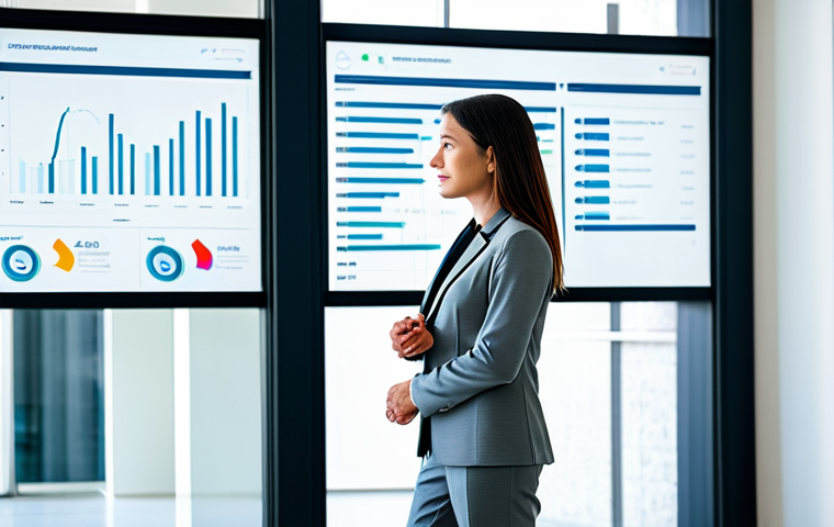 A professional female Wellness Coordinator in a modest business blazer and smart trousers, standing confidently in a bright, modern wellness center. She is looking at a large, transparent digital display showing health data graphs and personalized wellness plans, demonstrating cutting-edge research integration. The background features subtle, clean architectural lines and natural light. fully clothed, appropriate attire, safe for work, appropriate content, professional, perfect anatomy, correct proportions, natural pose, well-formed hands, proper finger count, natural body proportions, high-quality, studio lighting.