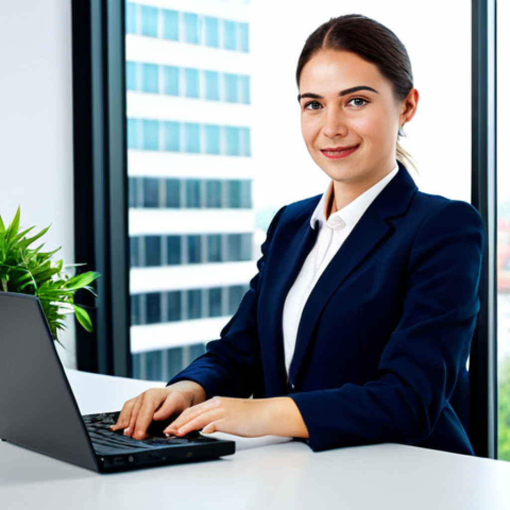 **

A professional businesswoman in a modest business suit, sitting at a desk in a modern office, fully clothed, appropriate attire, safe for work, perfect anatomy, natural proportions, professional photography, high quality. The office should have a large window with a city view and include elements like a laptop, coffee cup, and a small plant on the desk. The businesswoman should have a friendly, approachable expression.

**