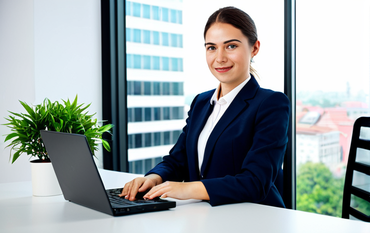 **

A professional businesswoman in a modest business suit, sitting at a desk in a modern office, fully clothed, appropriate attire, safe for work, perfect anatomy, natural proportions, professional photography, high quality. The office should have a large window with a city view and include elements like a laptop, coffee cup, and a small plant on the desk. The businesswoman should have a friendly, approachable expression.

**