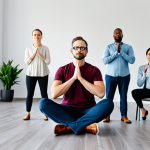 **

"A diverse group of professionals in a modern, brightly lit office space, participating in a mindfulness exercise led by a wellness coordinator. Everyone is fully clothed in business casual attire, safe for work, appropriate content. The scene conveys a sense of calm and focus. Perfect anatomy, correct proportions, natural pose, well-formed hands, proper finger count, natural body proportions, professional, modest, family-friendly, high quality."

**