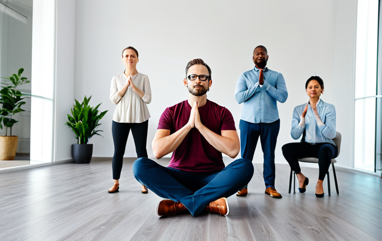 **
"A diverse group of professionals in a modern, brightly lit office space, participating in a mindfulness exercise led by a wellness coordinator. Everyone is fully clothed in business casual attire, safe for work, appropriate content. The scene conveys a sense of calm and focus. Perfect anatomy, correct proportions, natural pose, well-formed hands, proper finger count, natural body proportions, professional, modest, family-friendly, high quality."
**