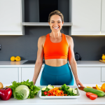 A vibrant and healthy woman in her 30s, fully clothed in workout attire (yoga pants and a sports top), smiling while preparing a colorful salad in a bright, modern kitchen. The salad contains various vegetables, fruits, and nuts. Natural light streams through the window. Depict her as energetic and positive, embodying well-being. safe for work, appropriate content, perfect anatomy, natural proportions, modest clothing, professional, family-friendly.