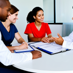 **

"A diverse team of healthcare professionals and wellness coordinators in a bright, modern office setting, collaborating on patient care plans, fully clothed, appropriate attire, safe for work, perfect anatomy, natural proportions, professional setting, family-friendly, emphasis on teamwork and communication, interdisciplinary meeting in progress, well-formed hands, proper finger count, natural body proportions."

**