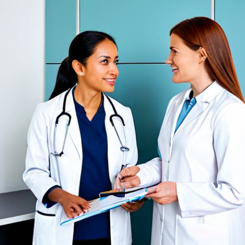Home 21 A woman in a professional setting, consulting with a health navigator who is explaining a personalized wellness plan. The woman is dressed in modest business attire, and the health navigator wears a professional lab coat. The scene is bright and modern, suggesting a focus on health and well-being. Fully clothed, appropriate content, safe for work, perfect anatomy, natural proportions, professional.