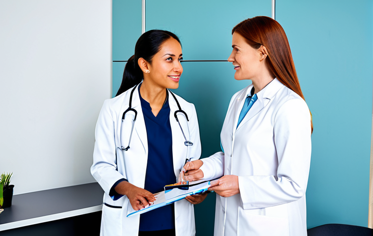 A woman in a professional setting, consulting with a health navigator who is explaining a personalized wellness plan. The woman is dressed in modest business attire, and the health navigator wears a professional lab coat. The scene is bright and modern, suggesting a focus on health and well-being. Fully clothed, appropriate content, safe for work, perfect anatomy, natural proportions, professional.