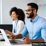 Home 9 웰빙코디네이터와 헬스케어 스타트업 - A diverse group of wellness coaches and clients in a bright, modern health tech office, interacting ...