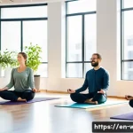 웰빙코디네이터 주간 업무 계획 - A bright, modern office space with a diverse group of professionals participating in a mid-morning m...