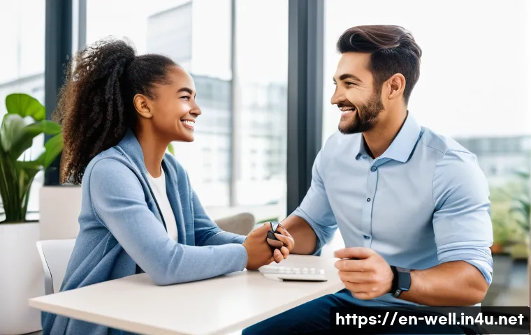 웰빙코디네이터와 최신 헬스케어 트렌드 - A modern wellness coach consulting with a diverse adult client in a bright, tech-savvy office filled...