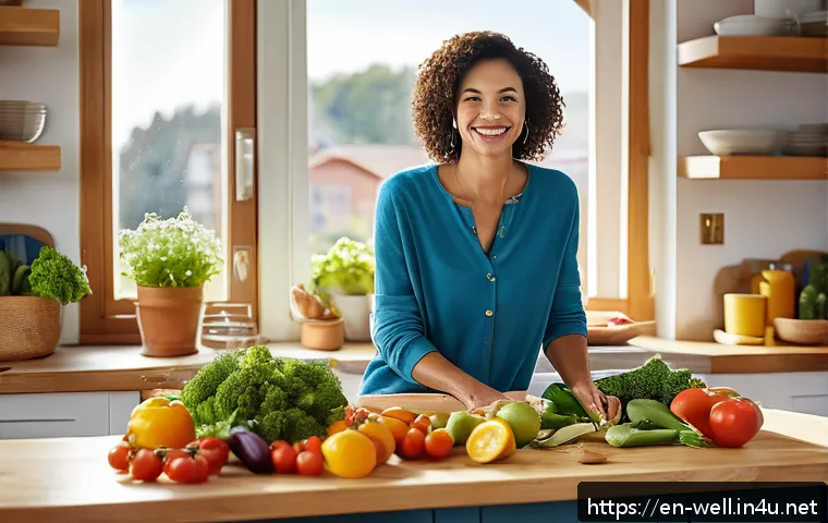 웰빙코디네이터와 건강 목표 달성 경험 - A warm, inviting scene of a diverse adult woman sitting comfortably at a sunlit kitchen table prepar...