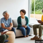 Home 22 웰빙코디네이터와 건강 목표 달성 기술 - A diverse group of adults engaging in a relaxed wellness coaching session in a bright, modern living...