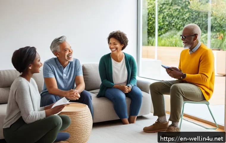 웰빙코디네이터와 건강 목표 달성 기술 - A diverse group of adults engaging in a relaxed wellness coaching session in a bright, modern living...