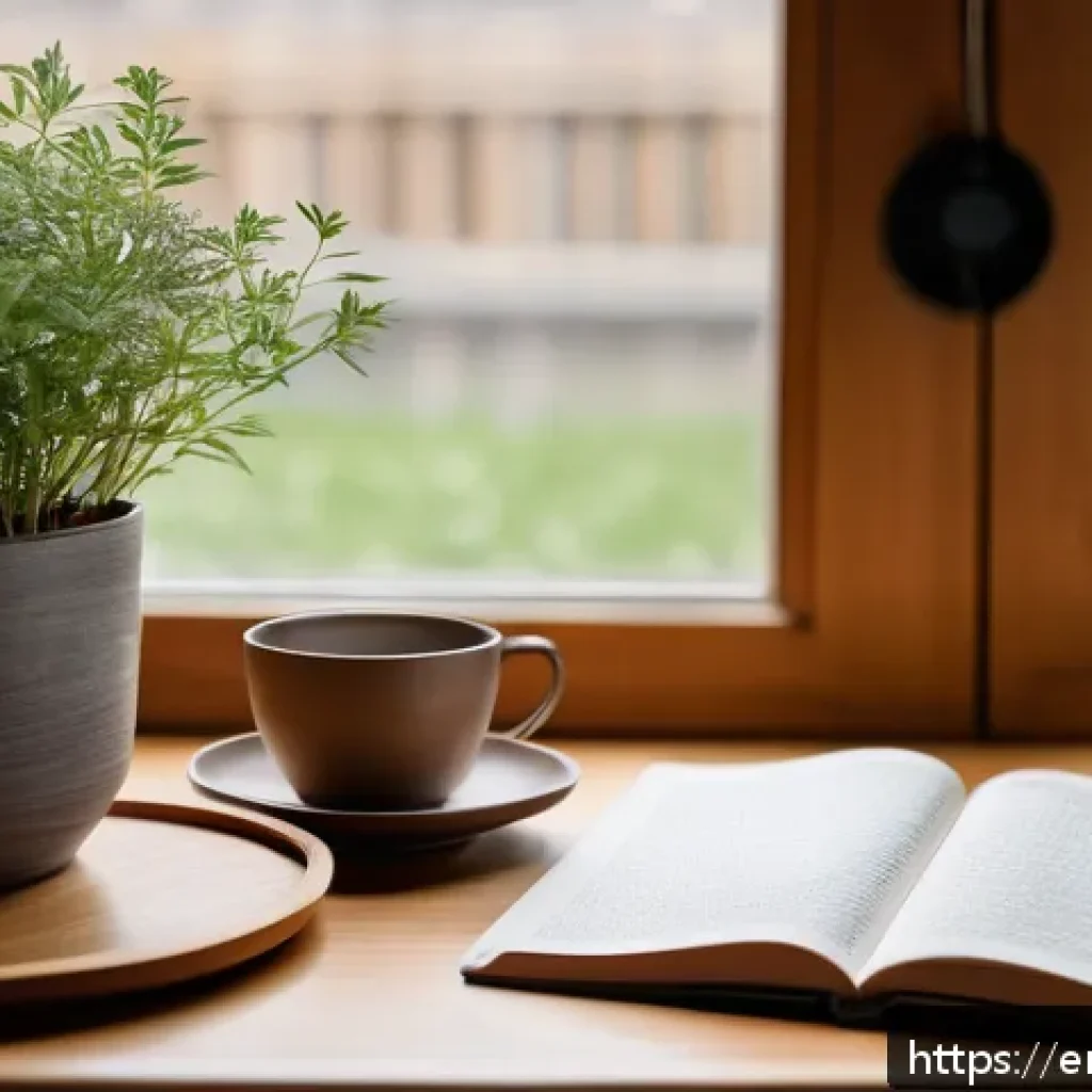 웰빙코디네이터와 목표 달성 코칭 - A serene, sunlit home office with a minimalist design featuring a tidy wooden desk, an open journal ...