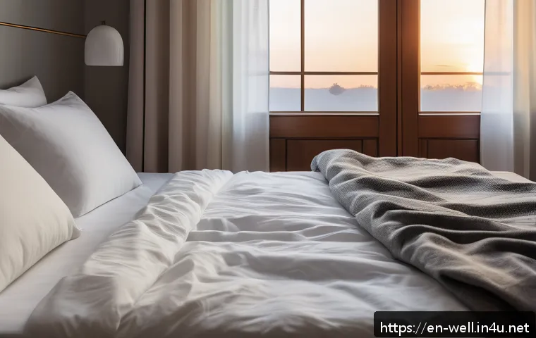 웰빙코디네이터와 건강 지식 강화 - A cozy, sunlit bedroom scene focused on creating a sleep-friendly environment: a neatly made bed wit...