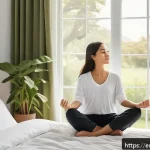 Home 23 웰빙코디네이터와 지속 가능한 라이프스타일 - A serene morning scene in a sunlit bedroom featuring a young adult practicing gentle stretching and ...