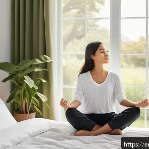 Home 17 웰빙코디네이터와 지속 가능한 라이프스타일 - A serene morning scene in a sunlit bedroom featuring a young adult practicing gentle stretching and ...