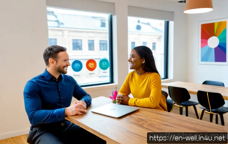 웰빙코디네이터와 비즈니스 협력 기회 - Photorealistic business partnership meeting between a wellness coordinator and a small business owne...